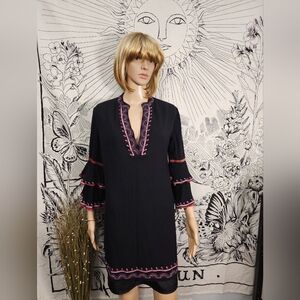 EUC Jade Black Dress with Reddish Pink Embroidery Ruffled Sleeves Size Medium